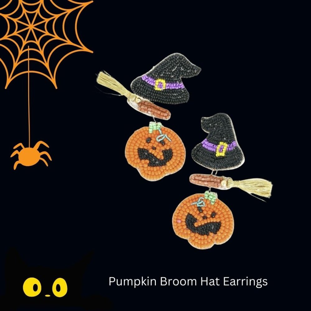 Witch Hat & Broom Jack O Lantern Beaded Earrings